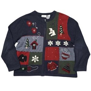 Croft & Barrow Womens L G Winter Patchwork Holiday Zip Up Sweater‎